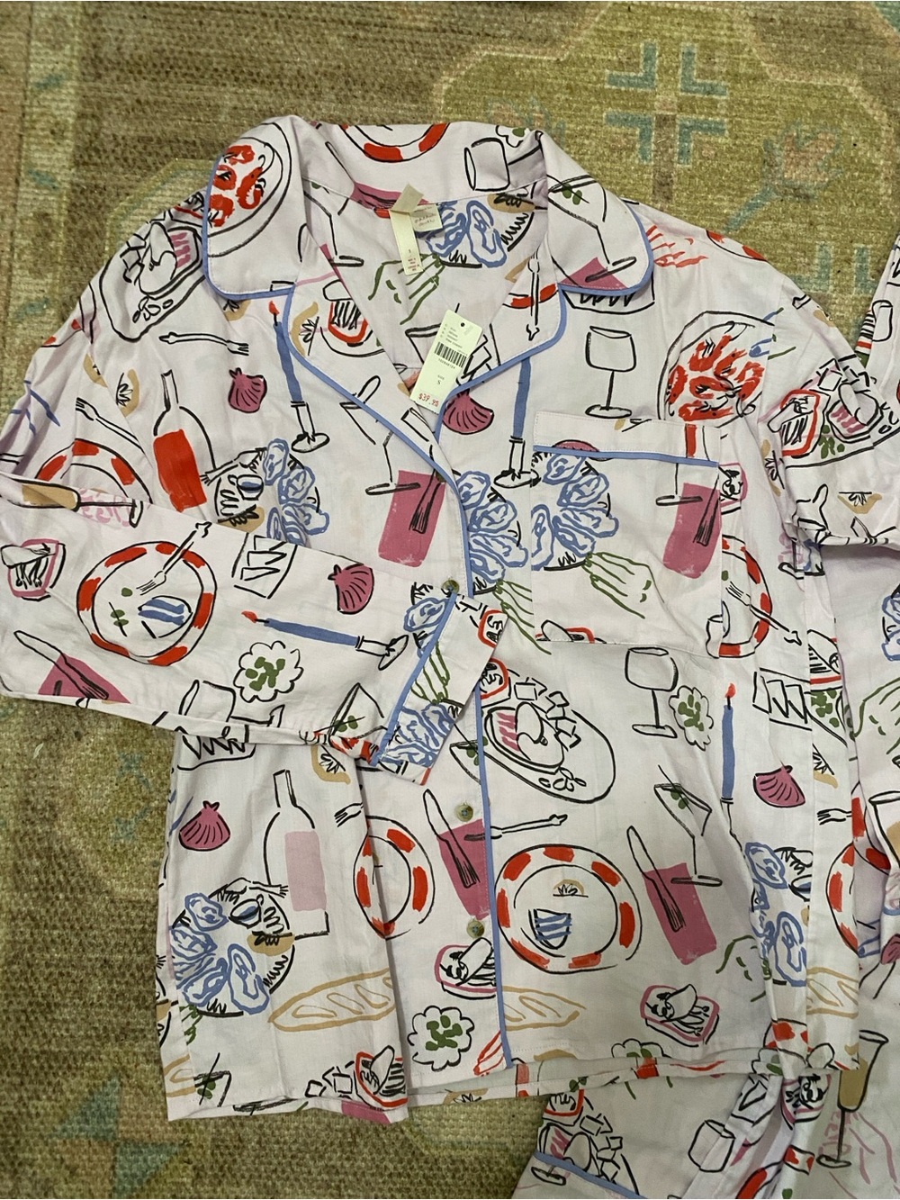 Anthropologie Printed Pajama Set Lavender with Multi-Color cocktail snack print! - Picture 2 of 5